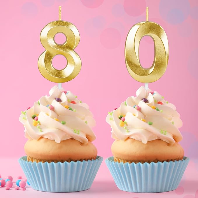 80th Birthday Candles for Cake,Gold Number Candles for Happy Birthday Cake Toppers,Birthday Decorations for Women Men Party Anniversary Wedding