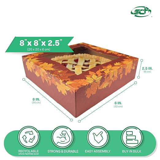 SCT 2464 Kraft Paperboard Autumn Design Print Window Bakery Box, 10-in. Length x 10-in. Width x 2-1/2-in. Height (Case of 150)