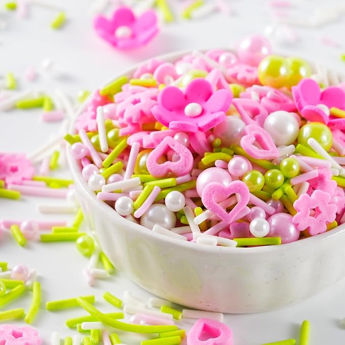 Flowers Sprinkles for Cake Decorating, 15 Pink Flowers Icing Decorations - 7 oz Easter Pastel Sprinkles Green Pink Sugar Pearls Jimmies for Cookie Decorating, Spring Sprinkles Cupcake Topper, Ice Cream, Candy Chocolate