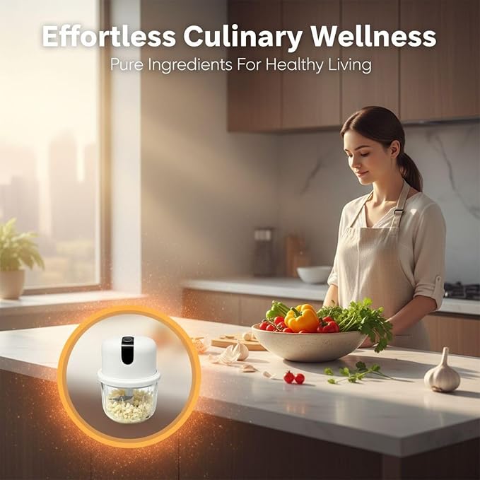 Mini Electric Garlic Chopper, 350ML Glass Bowl Food Processor, USB Rechargeable/Battery Operated Mincer with 3 Stainless Steel Blades for Garlic, Ginger, Chili, Nuts, White