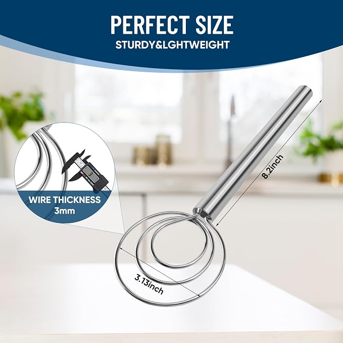 Danish Dough Whisk Stainless Steel Wooden Handle for Sourdough Bread Pizza and Pastry Making