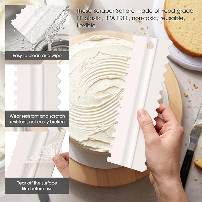 4 Pcs Cream Cake Scraper set, Plastic Decorating Sawtooth for baking, Sided Patterned Edge Stripe Edge Mousse Butter Cake Edge Tools Icing Smoother Kitchen Baking Cake Edge DIY Tool