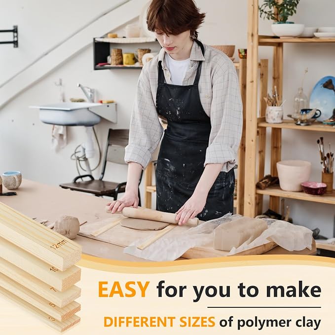 Sasylvia 10 Pcs Clay Pottery Rolling Pin Guides Wood Teaching Rolling Mud Stick Guide Set Polymer Clay Depth Thickness Guide Pottery Mudboard Tools (5 Size Lengthen,Wood Color)