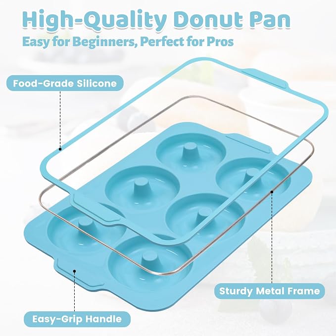 Nonstick Silicone Donut Pan: 3.5 Inch Large Donut Mold with Metal Frame - Bagel Doughnut Pan for Baking Gluten Free Glazed Vegan - for Oven Housewife Home Baker Baking Lovers (Green & Beige)