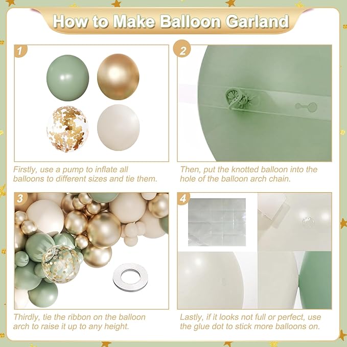Sage Green Gold Balloon Arch Kit, 143Pcs Sage Green and Sand White Gold Balloons Garland Arch Kit Coffetti Balloons for Birthday Wedding Baby Shower Gender Reveal Decorations