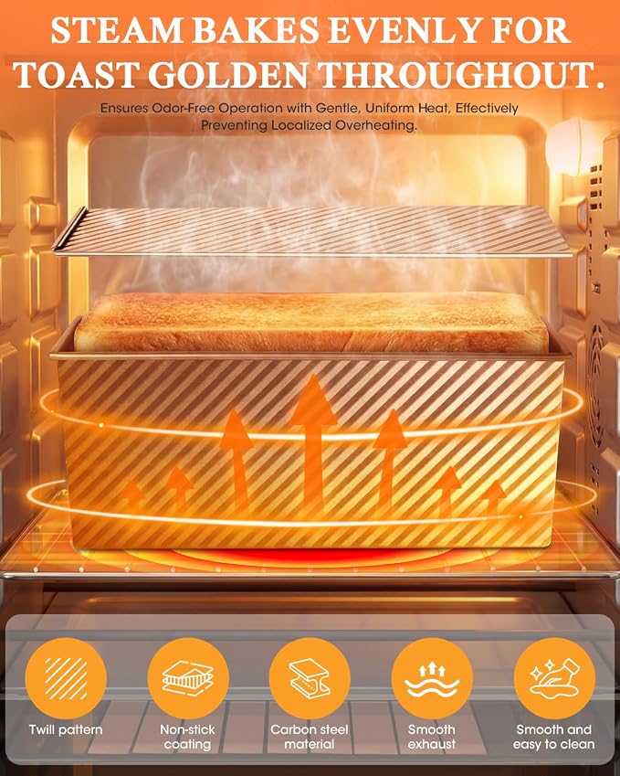 Pullman Loaf Pan with Lid: 2.2lb Dough Capacity Carbon Steel Nonstick Bread Pan for Oven Baking - for Homemade Sourdough and Sandwich Bread - Essential for Home Bakers Family Kitchen (1 Pack)