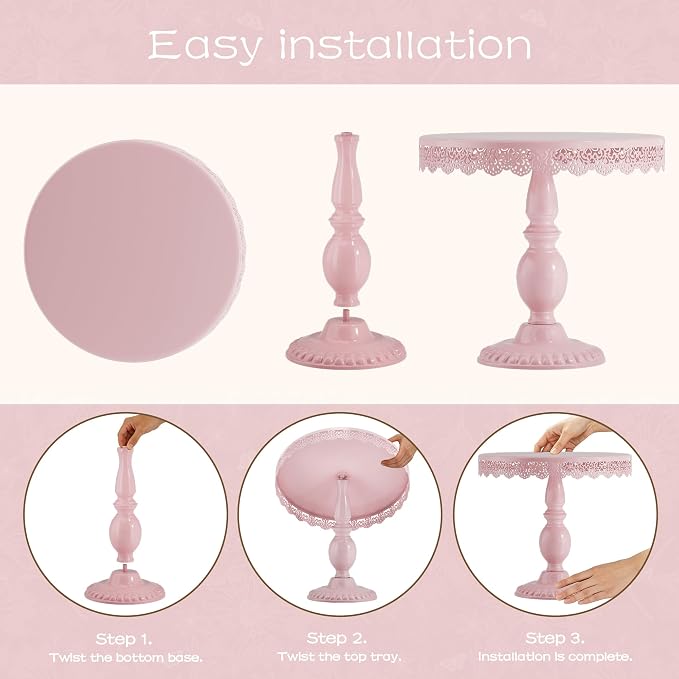 3 PCS Pink Cake Stands (8"&10"&12" Plate), Cupcake Stand with a lace Hollow Border Metal Cake Stand Set for Birthday Party, Wedding, Anniversary, Baby Shower