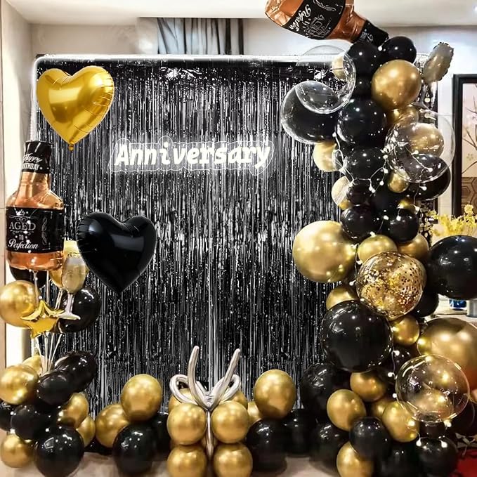 157Pcs Black and Gold Balloons Garland Arch Kit with Fringe Curtain for Graduation Birthday New Year’s Eve Black Tie Gala Anniversary Wedding Party Decorations