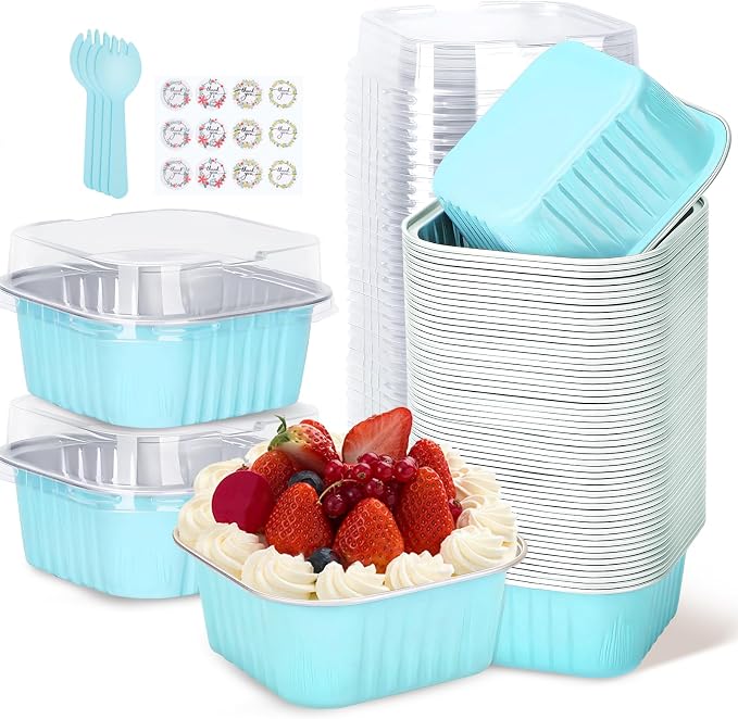 30Pack 5oz Blue Mini Cake Pans with Lids and Spoons Baking Cups Aluminum Foil Pans Tins, Individual Dessert Cups Containers for Sales,Party,Picnics