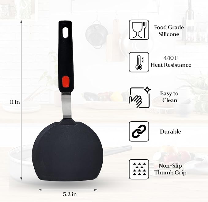 Wide Silicone Pancake Spatula – Large Heat-Resistant Turner for Cooking | Nonstick Safe | Stainless-Steel Reinforced Core & Easy-Grip Handle