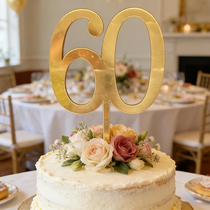 Gold Acrylic Sixty Cake Topper, Number 60 Cake Decoration, Happy 60th Birthday Cake Decor 60 Years Old Cake Pick Decoration For 60th Anniversary Celebrating Party Supplies