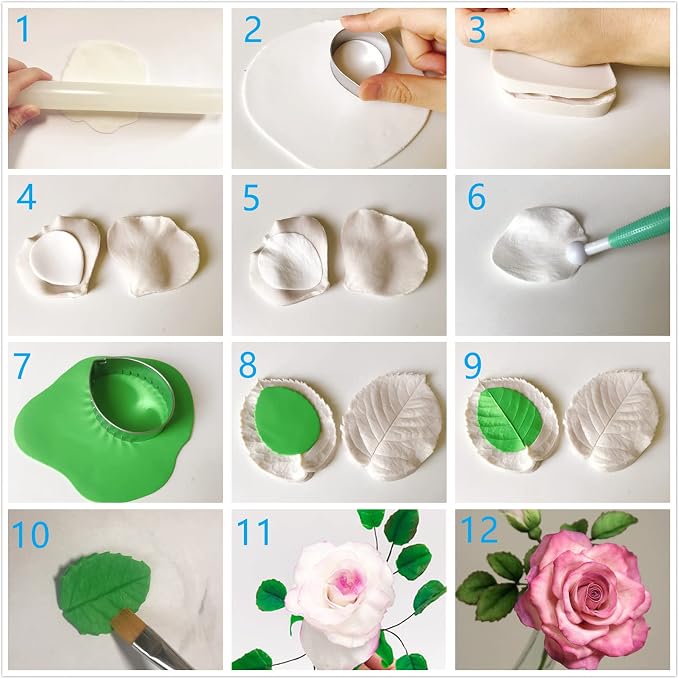 Gum Paste Flower and Leaf Tools Kit 10 Sugar Flower Modelling Tools 6 Cake Brush 4 Flower Petals Ball Tools 4 Frilling Stick 1 Fondant Flower Veining Board 1 Foam Pad 1 Silicone Mat 1 Rolling Pin