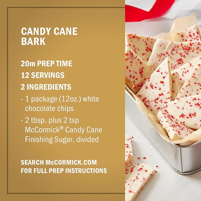 McCormick Finishing Sugar, Candy Cane, Limited Edition, Sweet Peppermint, Iconic Holiday Flavor, For Hot Chocolate, Chocolate Fudge, Bark, Cocktails, and More, 3.81 oz (Pack of 2)