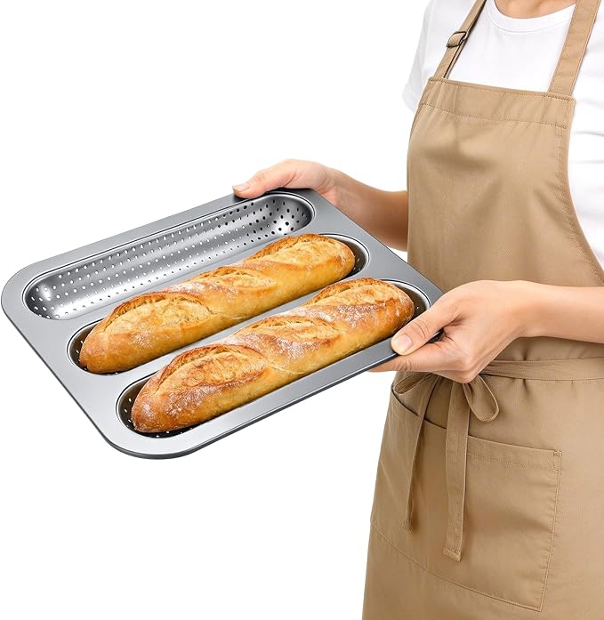 ZOOFOX 2 Pack Nonstick Perforated Baguette Pan, 3-Slot French Bread Baking Pan, Carbon Steel Baguette Tray for Professional and Home Baker, Sourdough, Italian Bread Baking