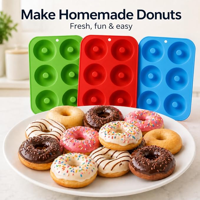 Silicone Donut Mold, 6 Cavity Non-Stick Doughnut Baking Pan – Food-Grade BPA-Free Flexible Silicone, Pops Out Easily, Oven Microwave Freezer & Dishwasher Safe (Donuts (3PK))