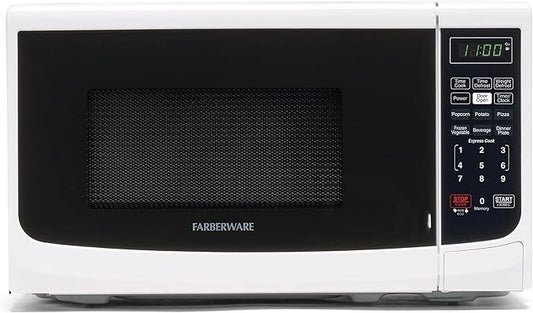Farberware 0.7 Cu. Ft. Countertop Microwave Oven – 700 Watts Power, Auto Cook Settings, Defrost, Easy Clean and Child Safety Lock - White