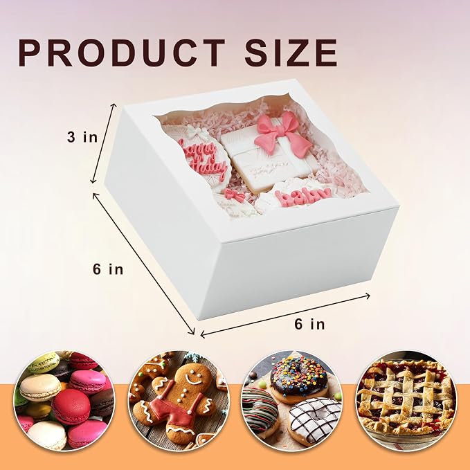 XINHPKGG 50 Pack Cookie Boxes 6x6x3 Inch Bakery Boxes with Window Treat Box Dessert Box for Macaron Mini Cake Chocolate Covered Strawberries Pastry - White
