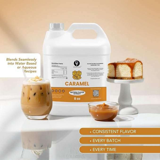 Dolce Flav Natural Caramel Extract – 8 Ounce Water-Soluble Kosher, Sugar-Free, Concentrated Caramel Flavor for Baking, Coffee & Desserts, Includes Measured Dropper
