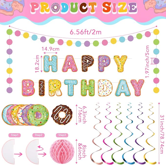 Pasimy 34 Pcs Donut Happy Birthday Banner Donut Party Decorations Doughnut Grow Hanging Swirls Candyland Wall Decor Honeycomb Balls and Dot Garland for Doughnut Birthday Baby Shower Party Supplies