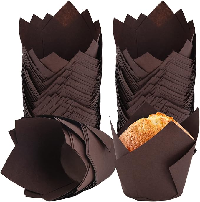 DC QZHMKJ PET 200Pcs Tulip Cupcake Liners Muffin Baking Holders Premium Cups Wrappers Christmas Lliners for Weddings, Birthdays, Anniversaries, and Special Occasions（Brown）