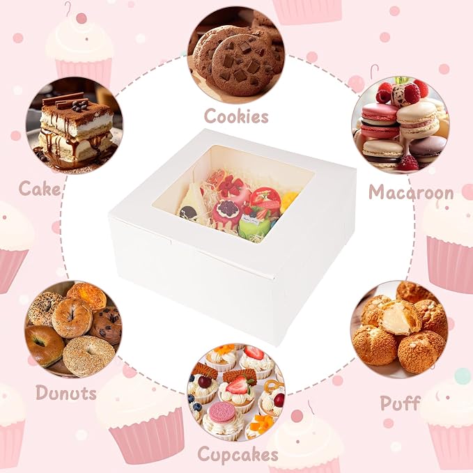 WAYASDCU 12 Piece Cardboard White Cake Boxex | 14 x 14 x 6 Inch | Large Bakery Boxes | Disposable Cake Containers | with Window | White Boxes