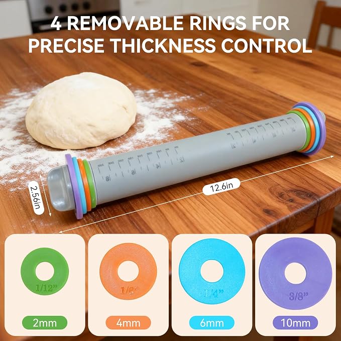 Silicone 9-Inch Adjustable Rolling Pin with 4 Thickness Rings, for Baking,Pizza, Cookie,Pastry, Pie,Baking Supplies for Cookie Fondant Pizza Cake Pasta（Gray）