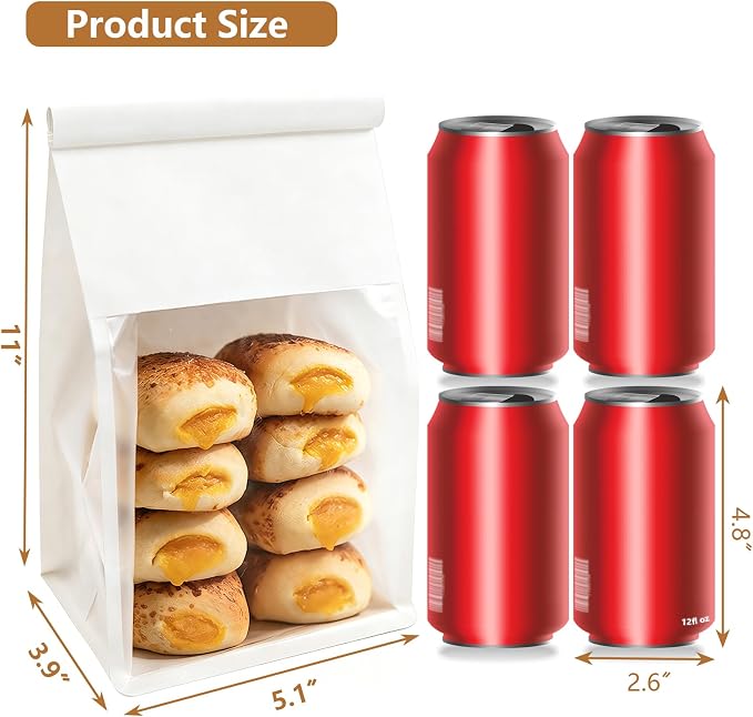50 PCS White Bread Bags for Homemade Breads, 11x5.1x3.9 Inch Resealable Cookie Bags with Tin Tie Tab Lock, Paper Bakery Bag with Window for Packaging Bagels, Scone, Brownie, Baked Goods Storage