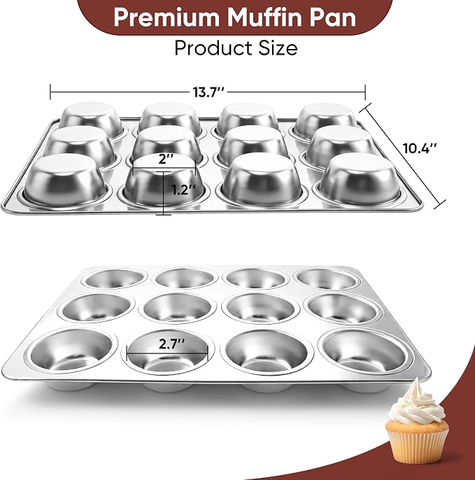 LIANYU 12 Cups Muffin Pan for Baking, 2 Pack Stainless Steel Muffin Cupcake Tin, Regular Size Muffin Cupcake Tray Pan for Oven, Metal Cupcake Mold for Mini Muffin Cake, Non-toxic, Dishwasher Safe