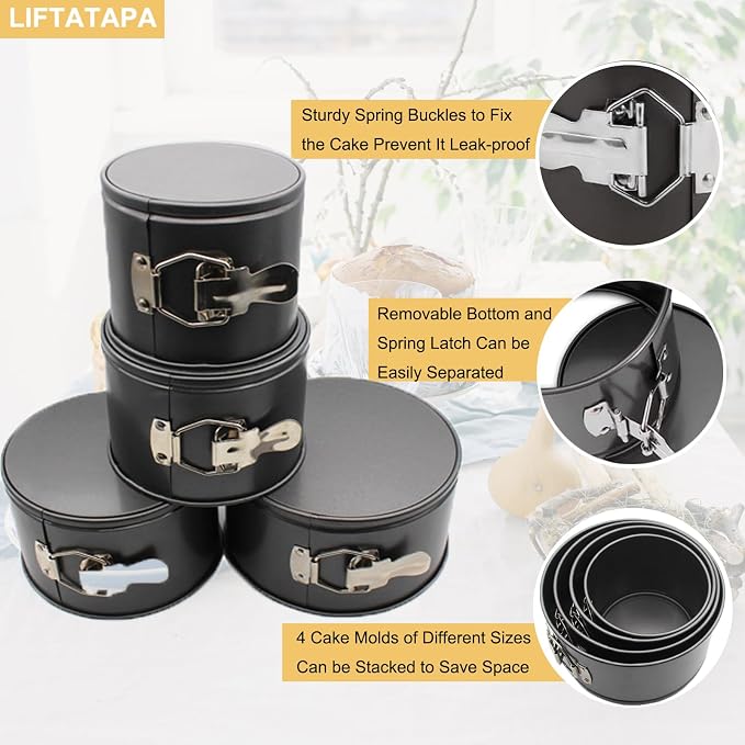 4Pcs Springform Pan (4inch, 5inch, 6inch, 7inch), Non-stick Cake Tin for Baking, Detachable Bottom Carbon Steel Cheesecake Mold Deep Dish Pans Round Cake Molds(Black)