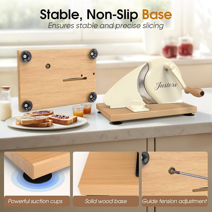 Manual Bread Slicer for Homemade Bread, Adjustable Thickness and Evenly Slicing, Sourdough Bread Slicer with Hand Crank, Clear Scale Line, Non-Slip Suction Base & Sharp Blade