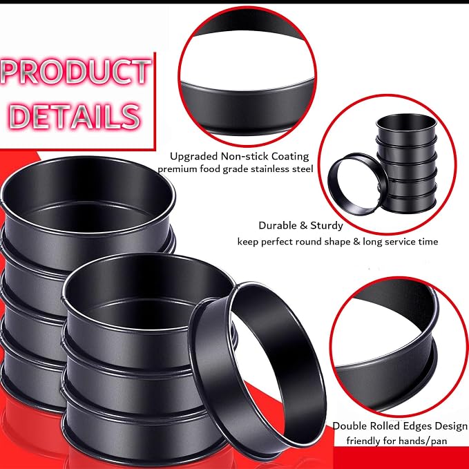 DATANYA 8Pack Crumpet Rings NONSTICK English Muffin Ring 4 Inch - Stainless Steel Double Rolled Tart Rings Upgraded Round Metal Cooking Pastry Ring Molds for baking