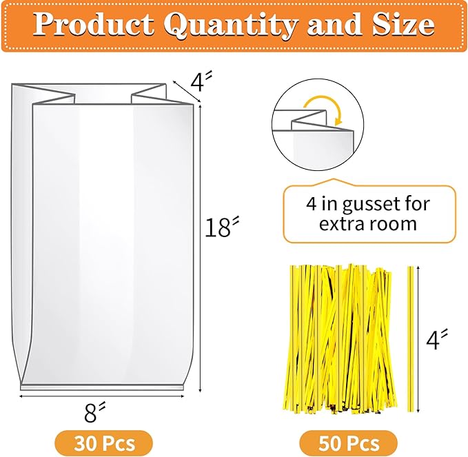Plastic Bread Bag for Homemade Bread, 30pcs Large Bagel Bags with 50pcs Ties, Clear Bread Loaf Bags For Sandwich Bakery Treat Storage (18×8×4 in)