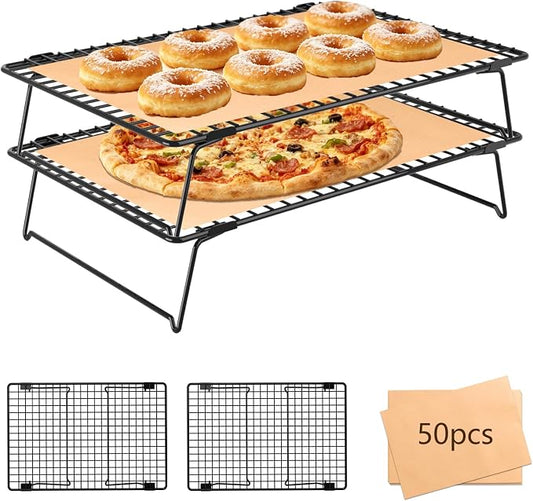 2 Tier Cookie Cooling Rack for Baking Stackable 13.4"x9.3" Wire Cooling Rack with Collapsible Legs,Tiered Cooling Rack Baking Paper 50 Pcs for Cooling Cookie,Cake,Pizza,Grilling, Drying