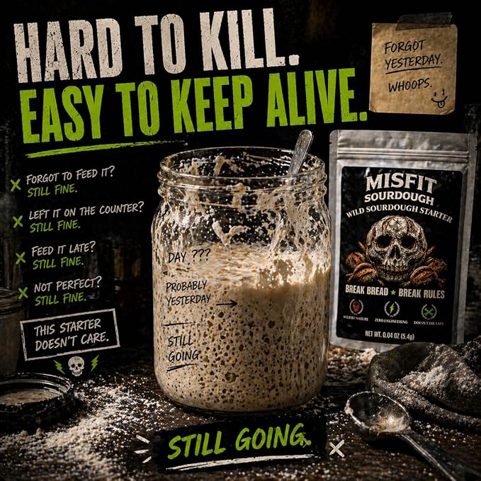 Misfits Sourdough Wild Sourdough Starter Culture – Dehydrated Live Active Wild Yeast Bread Starter for Homemade Artisan Bread Baking, Unbleached Flour, Reusable Fermented Baking Culture