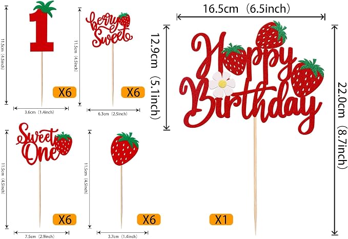 25 Pack Sweet One Cupcake Toppers Glitter First Birthday Strawberry Cupcake Picks for Fruit Baby Shower 1st Birthday Berry Sweet Cupcake Decorations Party Supplies Red