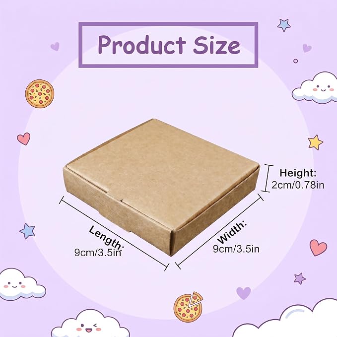 50 Pcs Mini Pizza Boxes, Square, Kraft, 3.54 x 3.54 x 0.79 Inch | Small Cardboard Box, Takeout Food Storage for Party Favors, Birthdays, Weddings and Holiday Parties