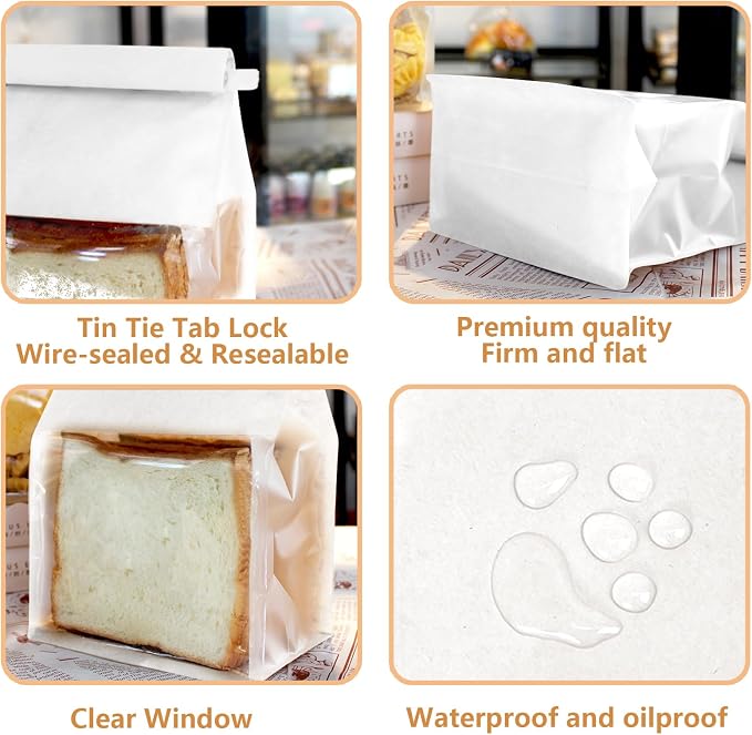 50 PCS White Bread Bags for Homemade Breads, 11x5.1x3.9 Inch Resealable Cookie Bags with Tin Tie Tab Lock, Paper Bakery Bag with Window for Packaging Bagels, Scone, Brownie, Baked Goods Storage