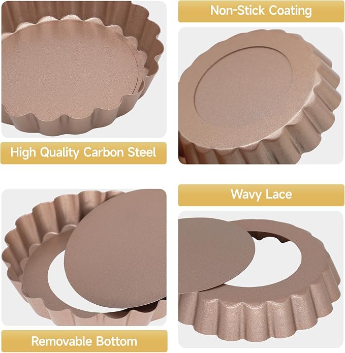 Tart Pan with Removable Bottom, Quiche Pans Carbon Steel Tart Mold for Baking (4-Inch Rose Gold-6PCS)