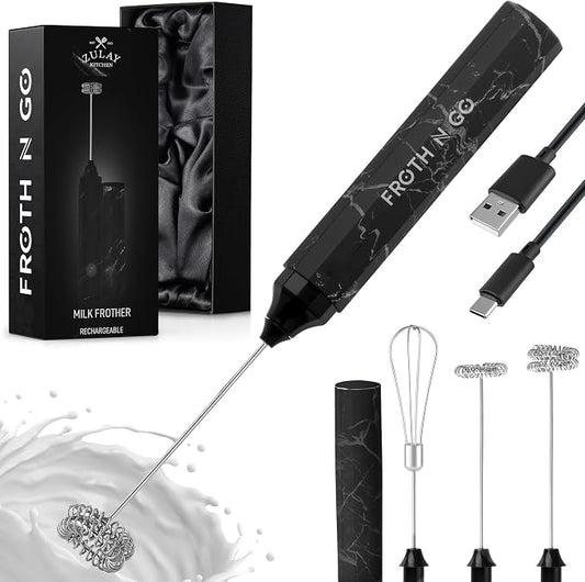 Zulay Froth N Go Milk Frother – Rechargeable 3-in-1 Handheld Frother Wand with Travel Case & USB-C Charger – Single, Double & Egg Whisk for Latte, Cappuccino, Matcha, Protein Shakes - Forge Marble