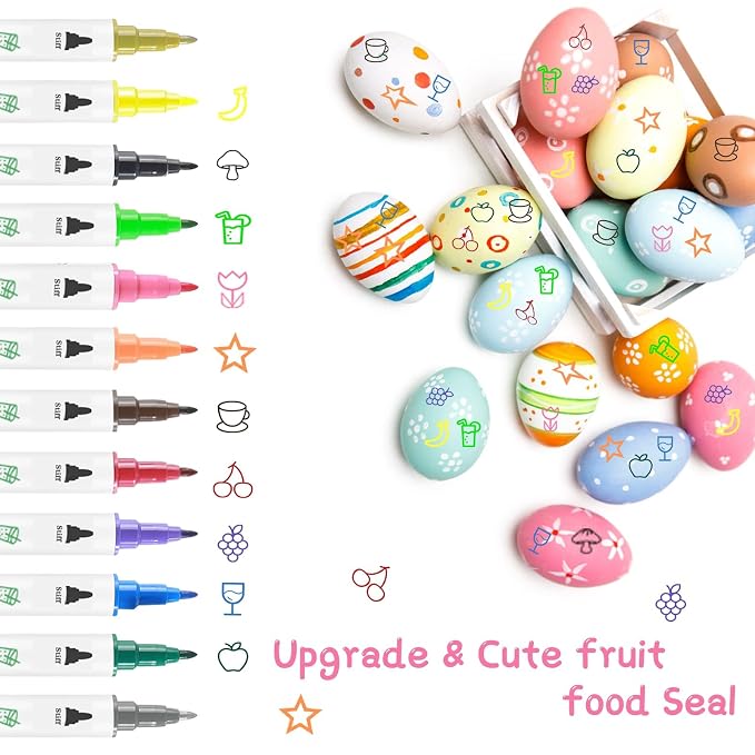 Treedoa Edible Markers for Cookie Decorating,12Pcs Food Coloring Pens Double Side Food Grade Edible Pens with Fine&Thick Tip Food coloring Pens for Cakes,Easter Eggs,Fondant,Cookies,Frosting,Macarons
