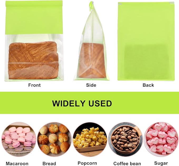 50 Pack Bakery Bags with Window - Large Reusable Cookie Bags With Seal Can Stand Upright Cookie Packaging Bag With Tin Tie Tab Lock Kraft Paper Bread Bags For Pastry,Donuts,Snacks（Green Large)