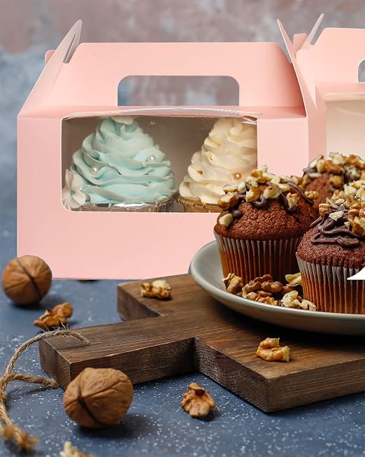qiqee Pink Cupcake Box Two Holder 6.5x3.6x3.5inch(2.2" Top) 100pcs 2 Cupcake Boxes With Window