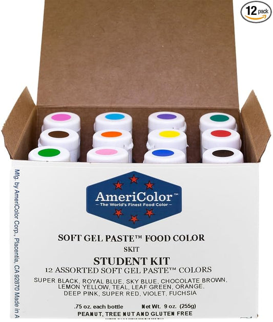 Food Coloring AmeriColor Student - Kit 12 .75 Ounce Bottles Soft Gel Paste Colors