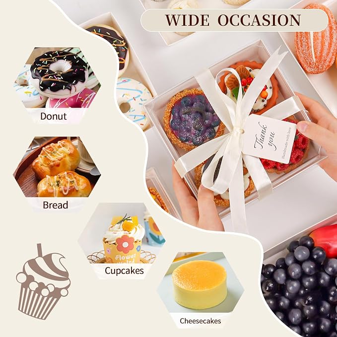7 x 7 x 2.6 Inches Large Charcuterie Boxes with Clear Lids, 50 Pack Disposable Square Kraft Bakery Boxes, To Go Paper Food Container for Cake Slices, Sandwiches, Cookies, Dessert (White)