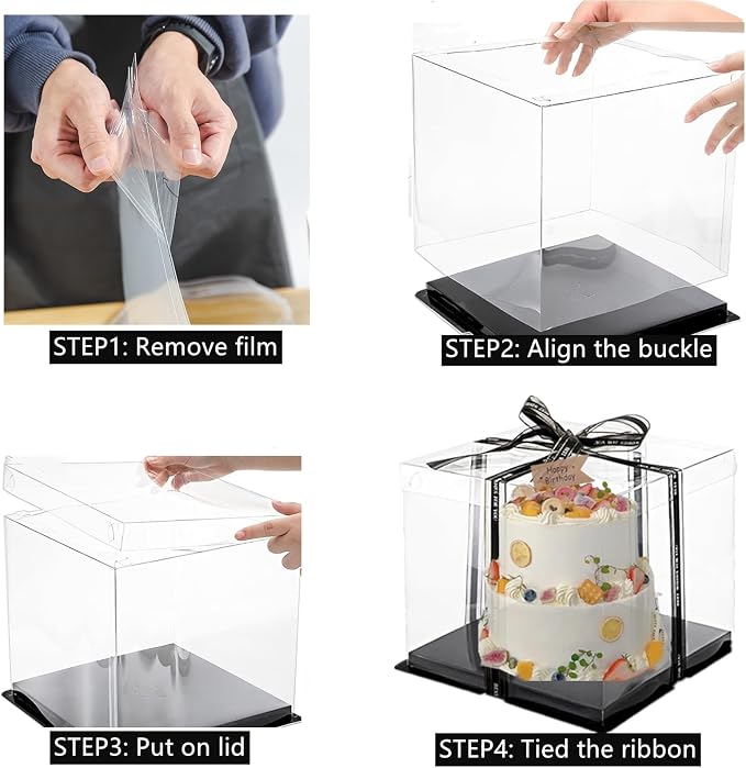 6 Pack Clear Cake Box with Ribbon, Tall Cake Carrier for 2-Layer Cake Holder, 10x10x9 inches Transparent Gift Boxes for Pastries with Lid and Black Board, Display Wedding Gift Packaging
