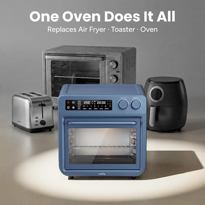 SMIRLY Digital Air Fryer Toaster Oven Combo, 25L Convection Countertop Oven, 10-in-1 Multi-Function Fits 12" Pizza & 6 Slices of Toast, Stainless Steel, Blue
