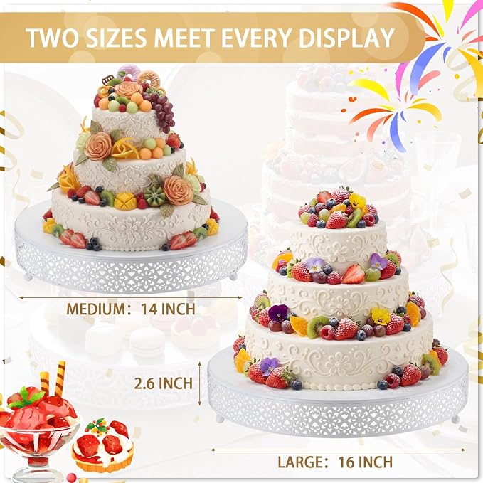 Wenqik 2 Pcs White Cake Stand 14/16 Inch Round Metal Cupcake Dessert Wedding Cake Stand Cookies Display Holder Modern Design Fruit Serving Tray for Table Wedding Birthday Anniversary Party