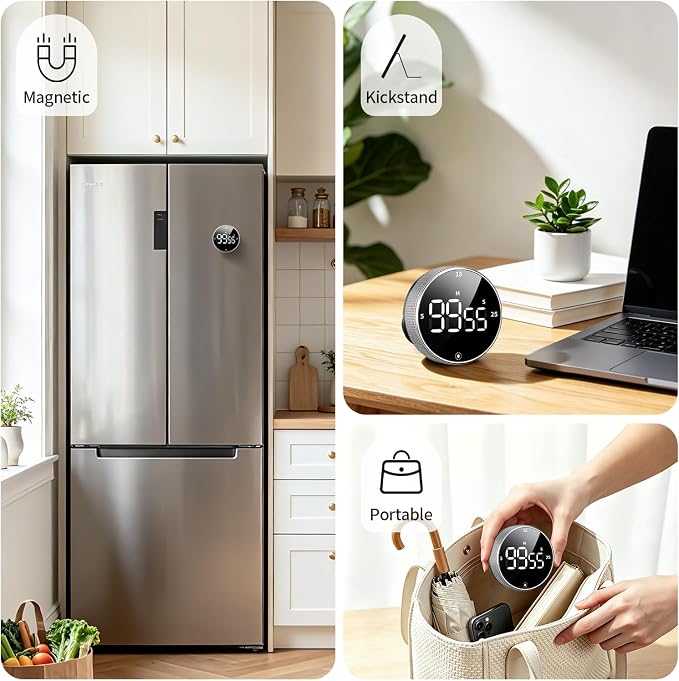 Seniny Digital Kitchen Timer with Magnetic - Visual Timer with Large LED Display, Pomodoro Classroom Timers with 3-Preset Times, Volume Adjustable, Countdown & Count Up Timers for Cooking