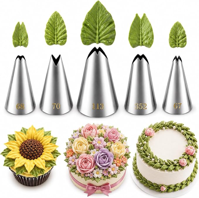 5 Pcs Leaf Piping Tips Set, 67, 68, 70, 352, 113, Stainless Steel Cake Decorating Tips, Frosting Icing Nozzles for Cupcakes, Cakes, Cookies