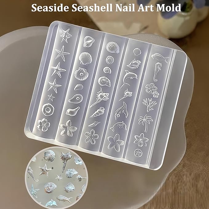 Ocean Nail Art Silicone Mold, 3D Seashell Starfish Conch Nail Charms Mold, Marine Theme Silicone Mold for Acrylic Gel Resin Nail Decoration, Reusable DIY Nail Accessories